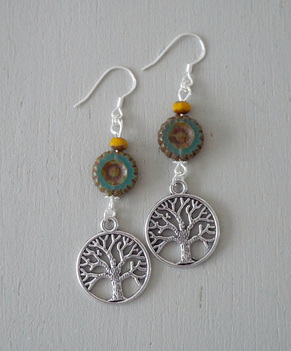 Earrings with tree-of-life discs, green disc & mustard minis