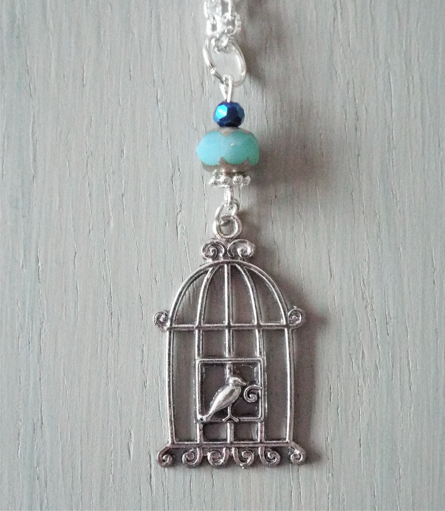 Pendant – large sp traditional bird cage drop, sea green accents