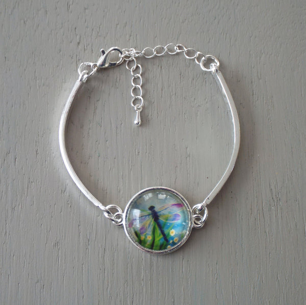 Silver plated bar bracelet - 18mm greeny blue dragonfly cabochon