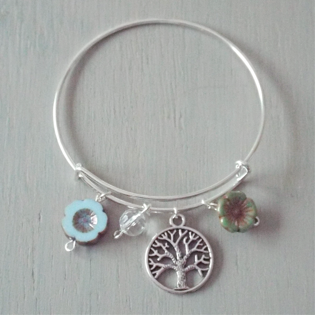 Adjustable sp bangle, tree-of-life charm, blue & green floral beads