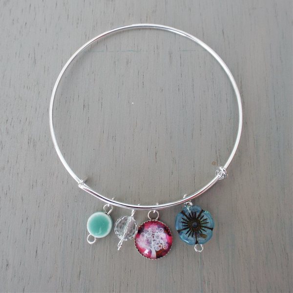 Adjustable sp bangle, 12mm pink & white tree cabochon charm, blue & turquoise beads