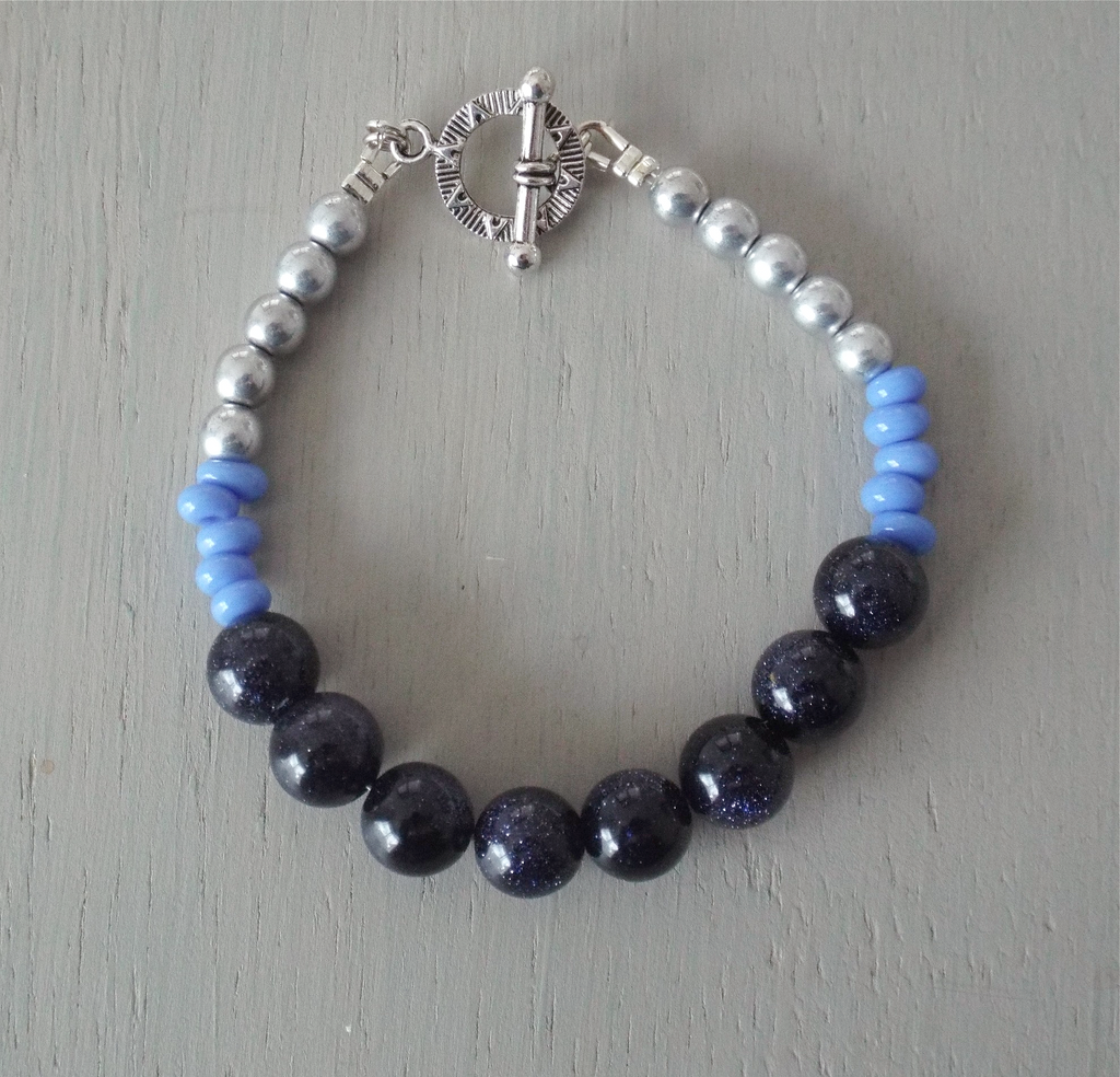 Blue goldstone gemstone bracelet, blue discs & silver glass pearls