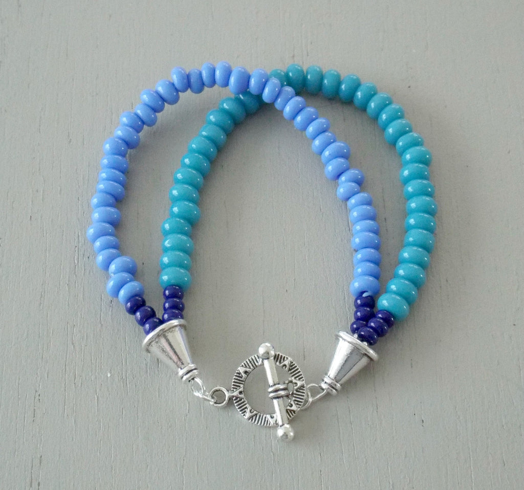 Sky blue and cornflower blue double strand bracelet, toggle clasp