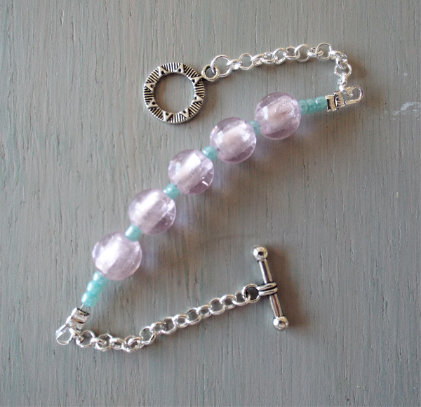 Bracelet - pink silverfoil rounds, turquoise minis, sp chain, toggle clasp