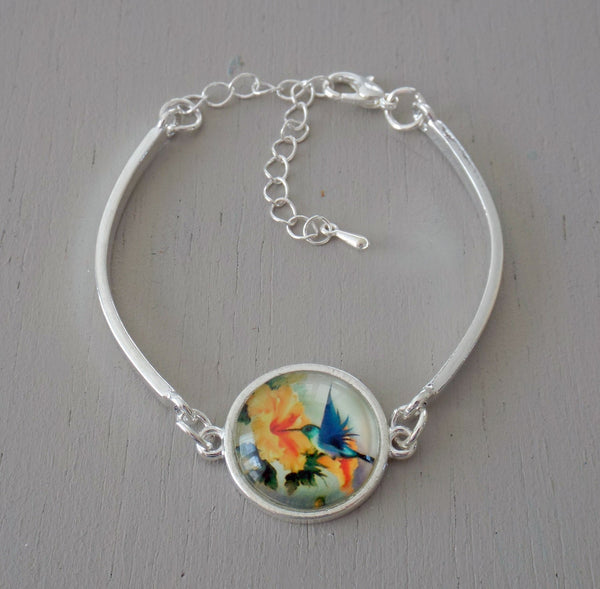Silver plated bar bracelet, yellow & blue hummingbird 18mm focal