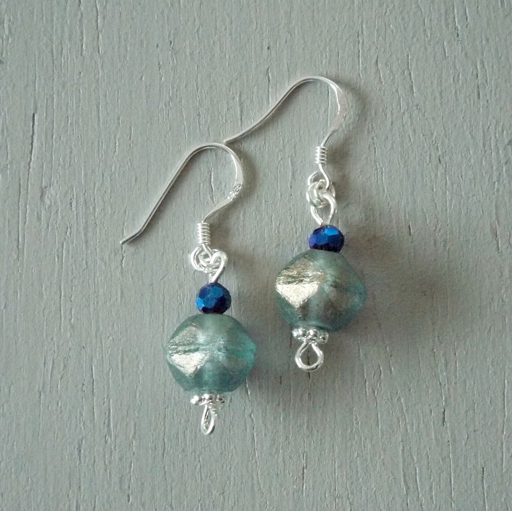Earrings - short drop with aqua silver-lustre polygons, STS hooks