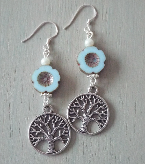 Earrings – pale blue bronze-finish floral discs, tree-of-life charms