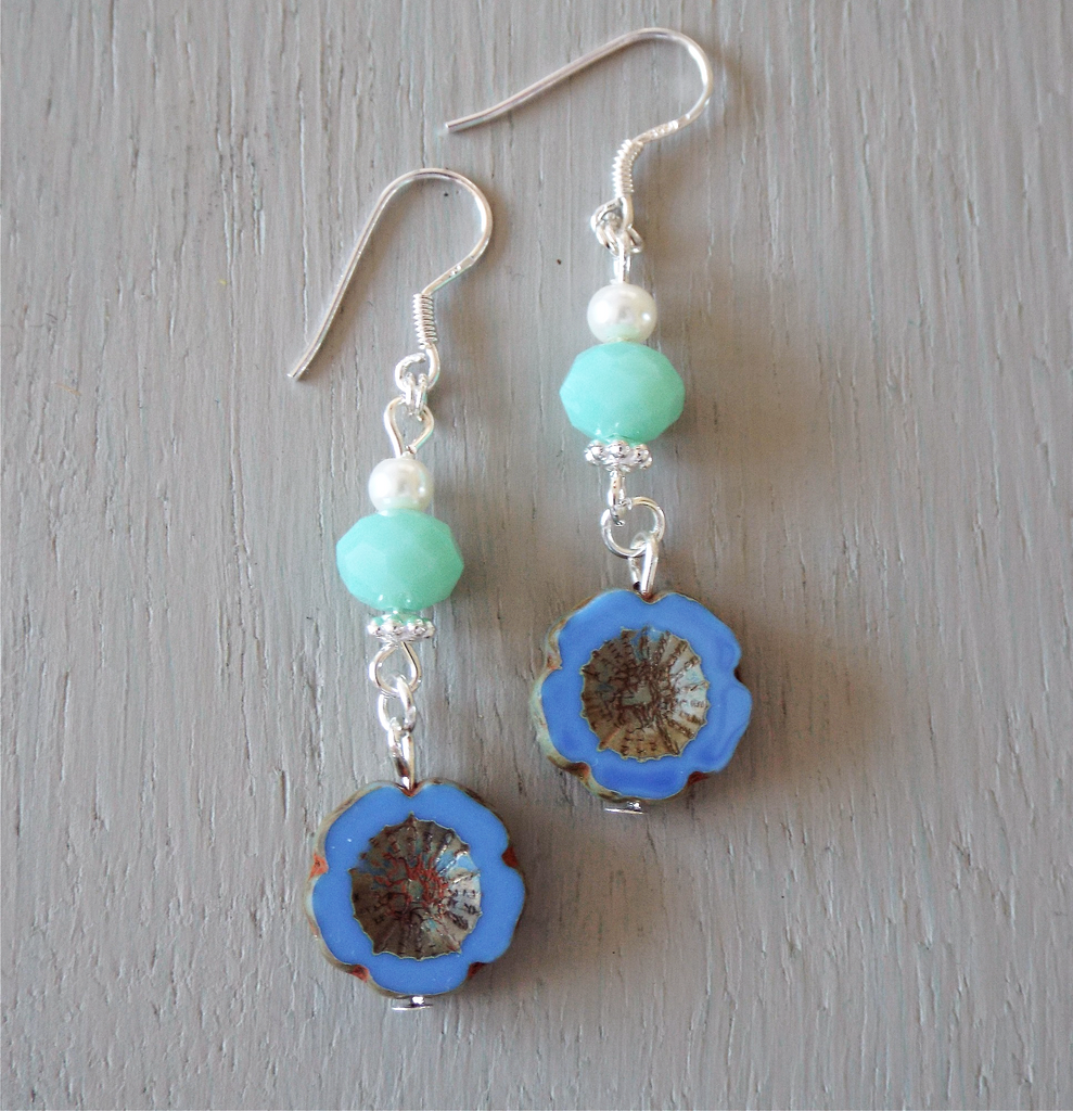 Earrings - 14mm cornflower blue carved floral discs, turquoise rondelles & mini pearls