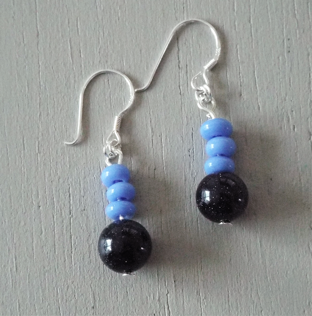 Earrings with blue goldstone gemstone rounds, blue discs, STS hooks