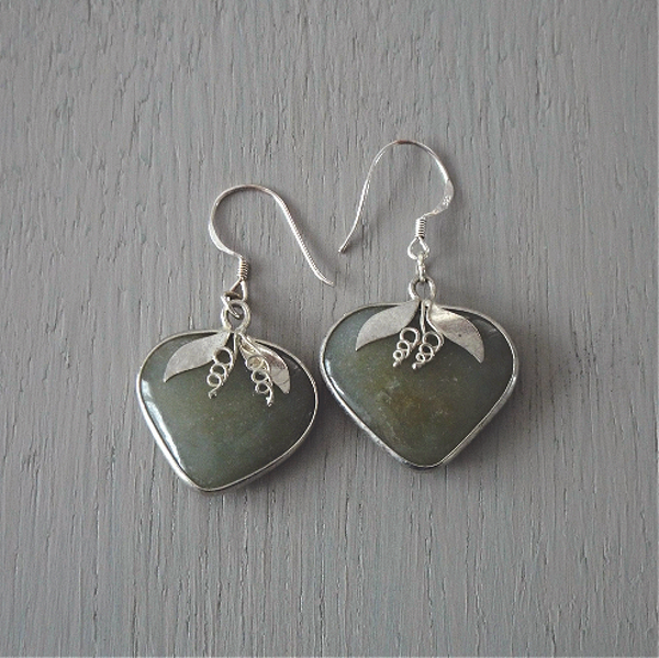 Large jade gemstone heart earrings, with silver-wrap florals