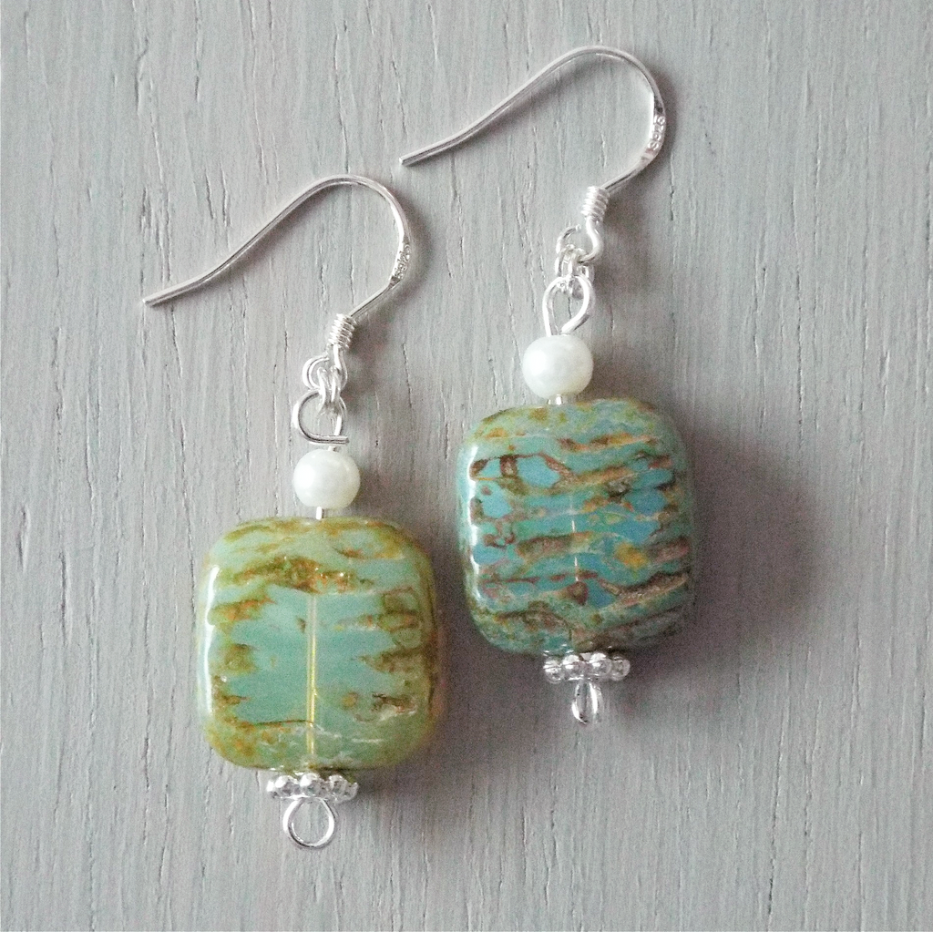 Earrings - milky green carved squares with mini pearls