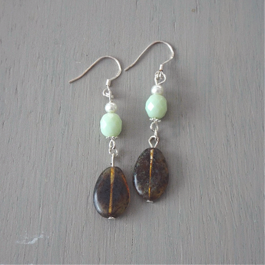Long earrings - moss dappled brown drops with soft mint rounds