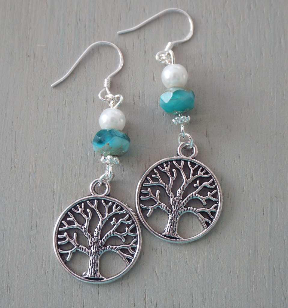 Earrings - tree-of-life disc charms with sea-green rondelles, mini pearls