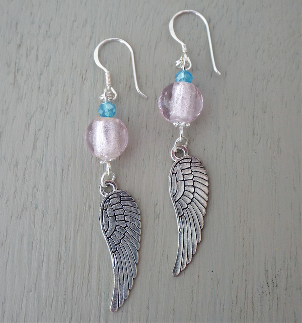 Earrings - pink silverfoil rounds, sp angel wing charms