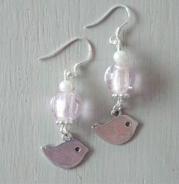 Earrings – pink silver foil rounds, birdie charms