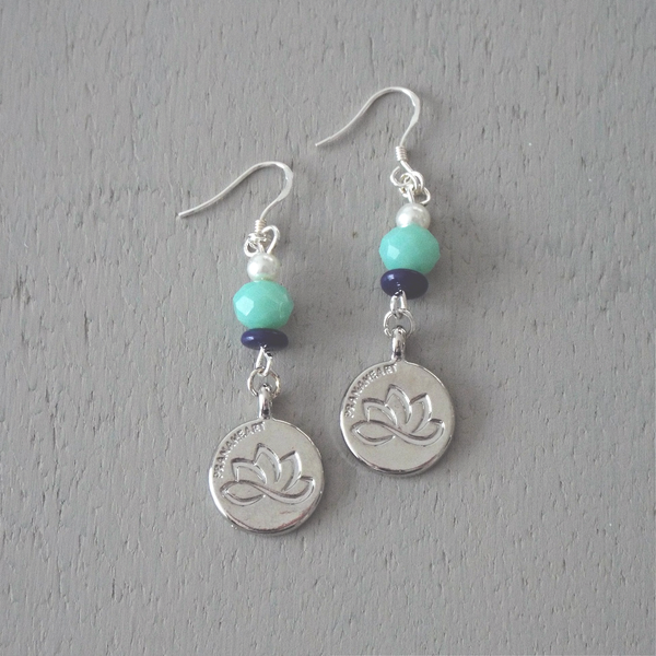 Earrings - silver plated lotus flower charms, turquoise & midnight blue beads, STS hooks