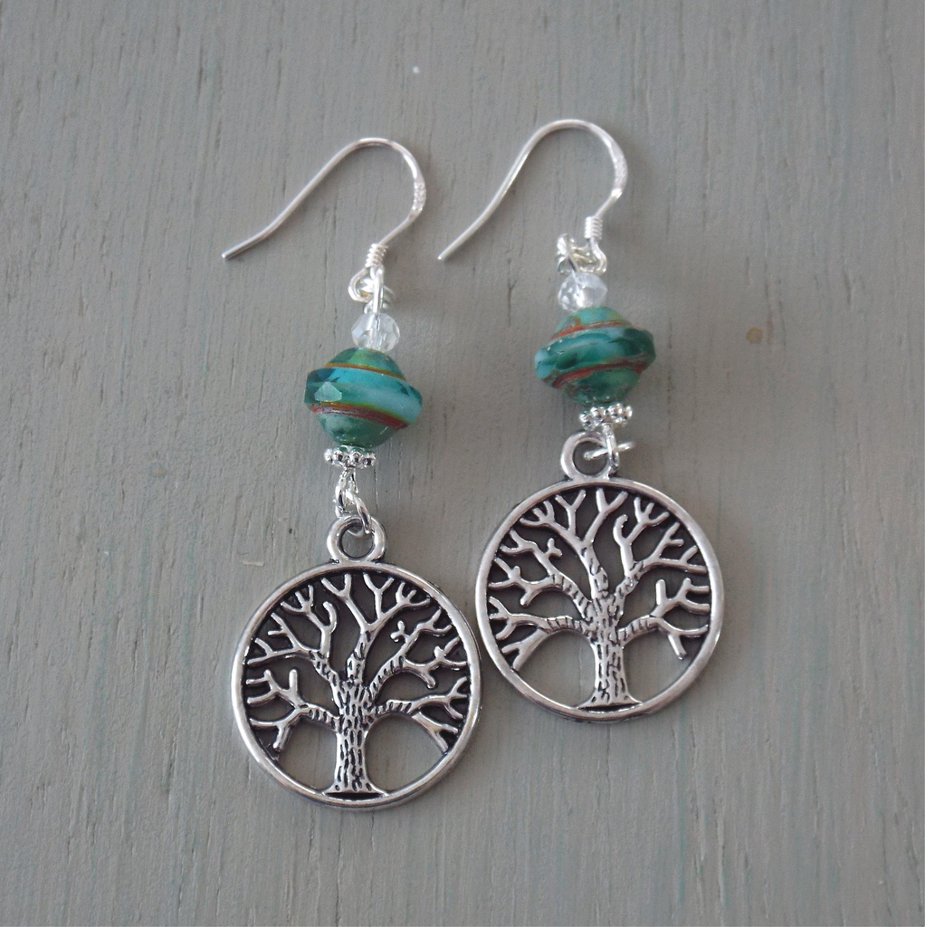 Earrings - tree of life charms, seagreen saucers, sterling silver hooks