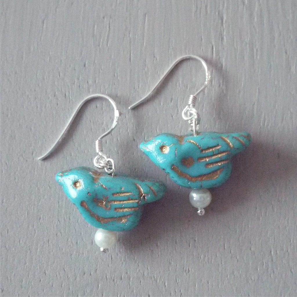 Earrings – turquoise gold-washed carved large birdie charms, with mini pearls