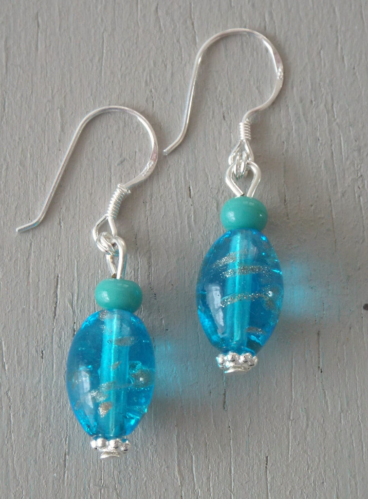 Earrings with blue gold striped lozenges, turquoise minis