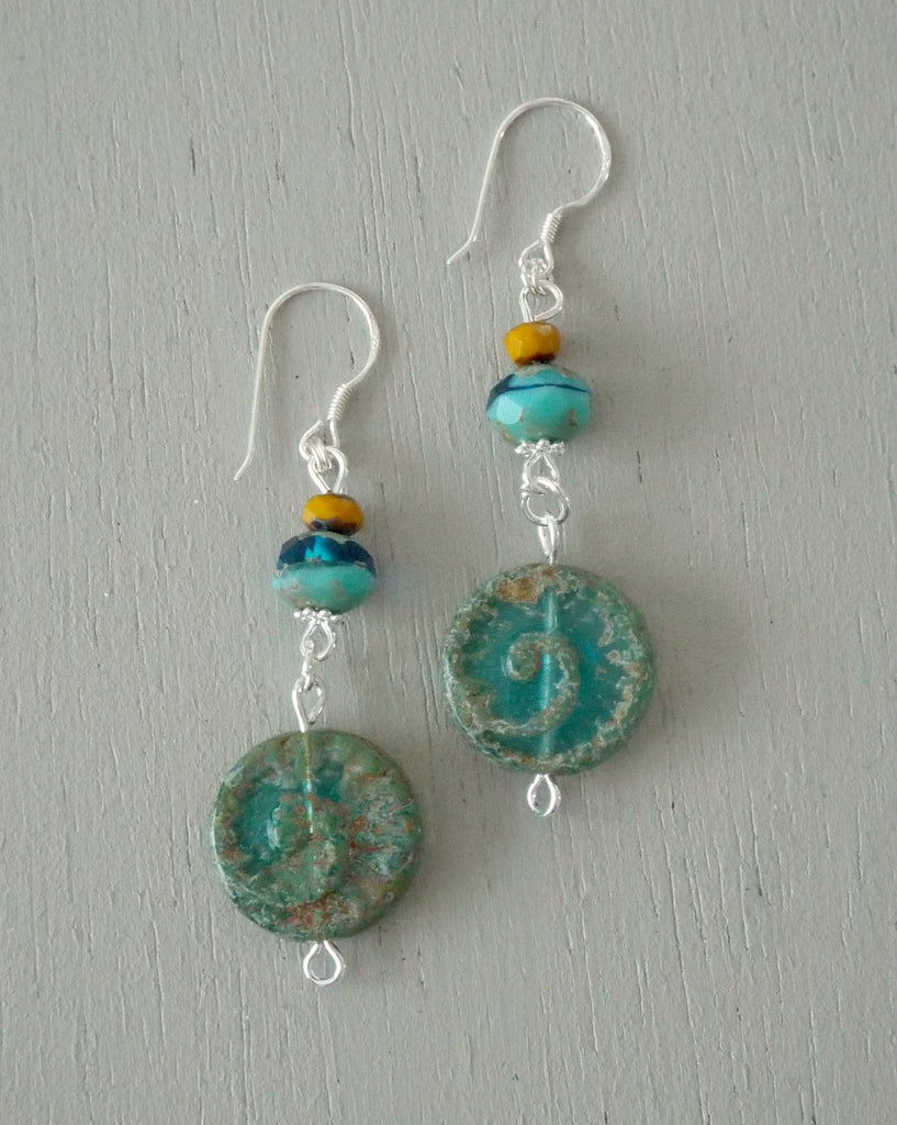 Earrings with green ammonite coins with sea green & mustard beads