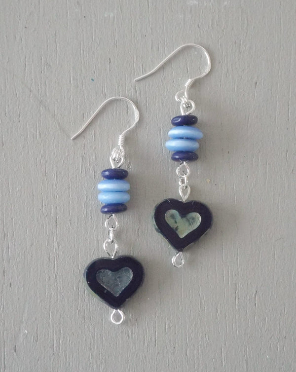 Earrings with midnight blue hearts, blue & navy disc stack