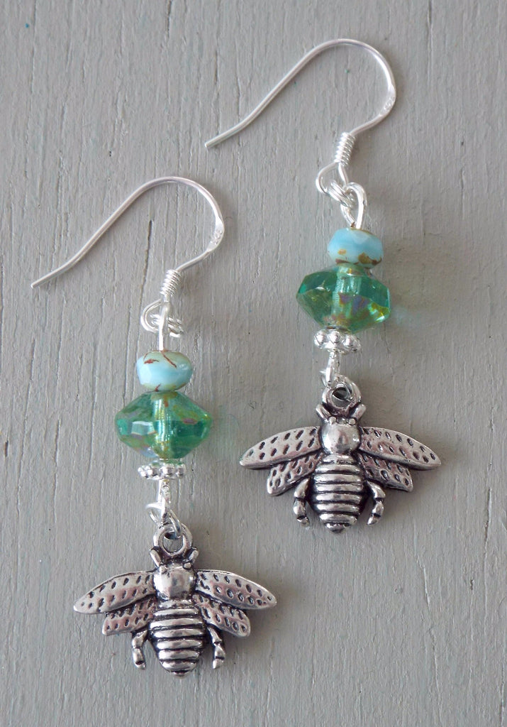 Earrings with old silver bee charms, green / aqua beads