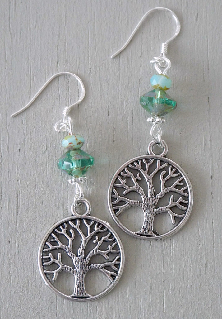 Earrings with tree-of-life charms, green saucers, aqua minis