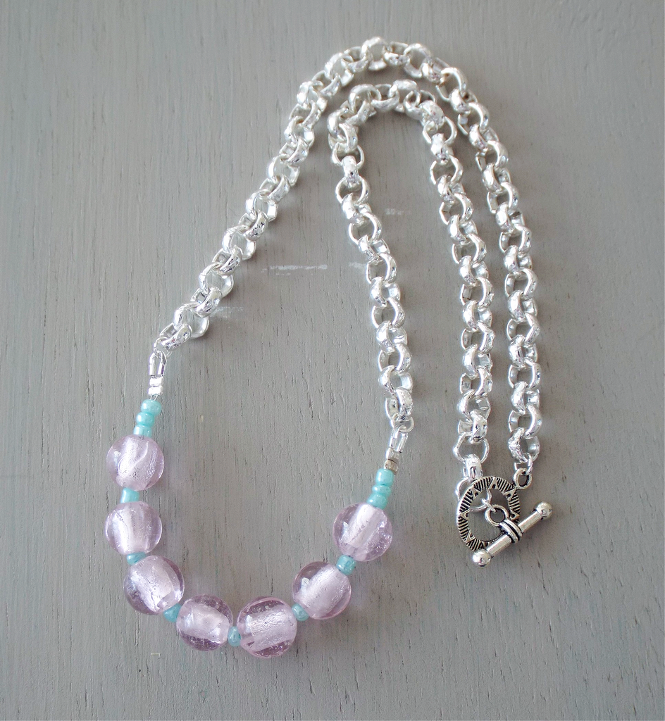Necklace - 18 inch pink silverfoil rounds, turquoise minis, sp chain, toggle clasp