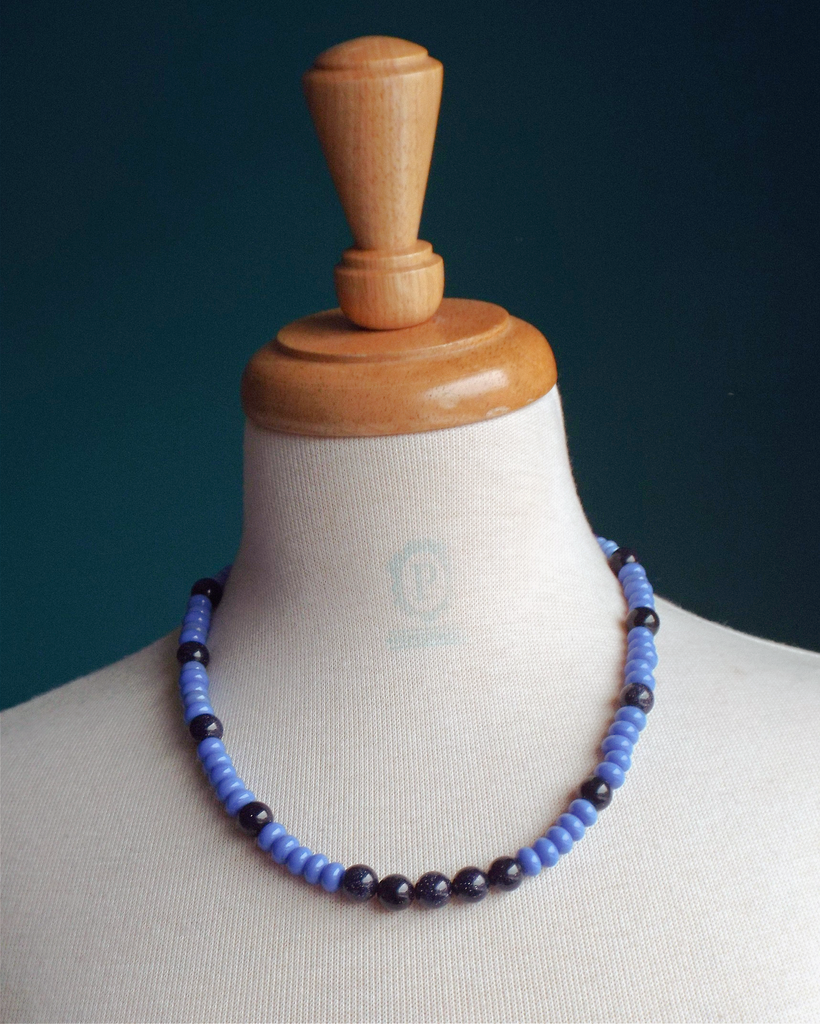 Necklace with 10mm blue goldstone gemstone rounds, blue rondelles