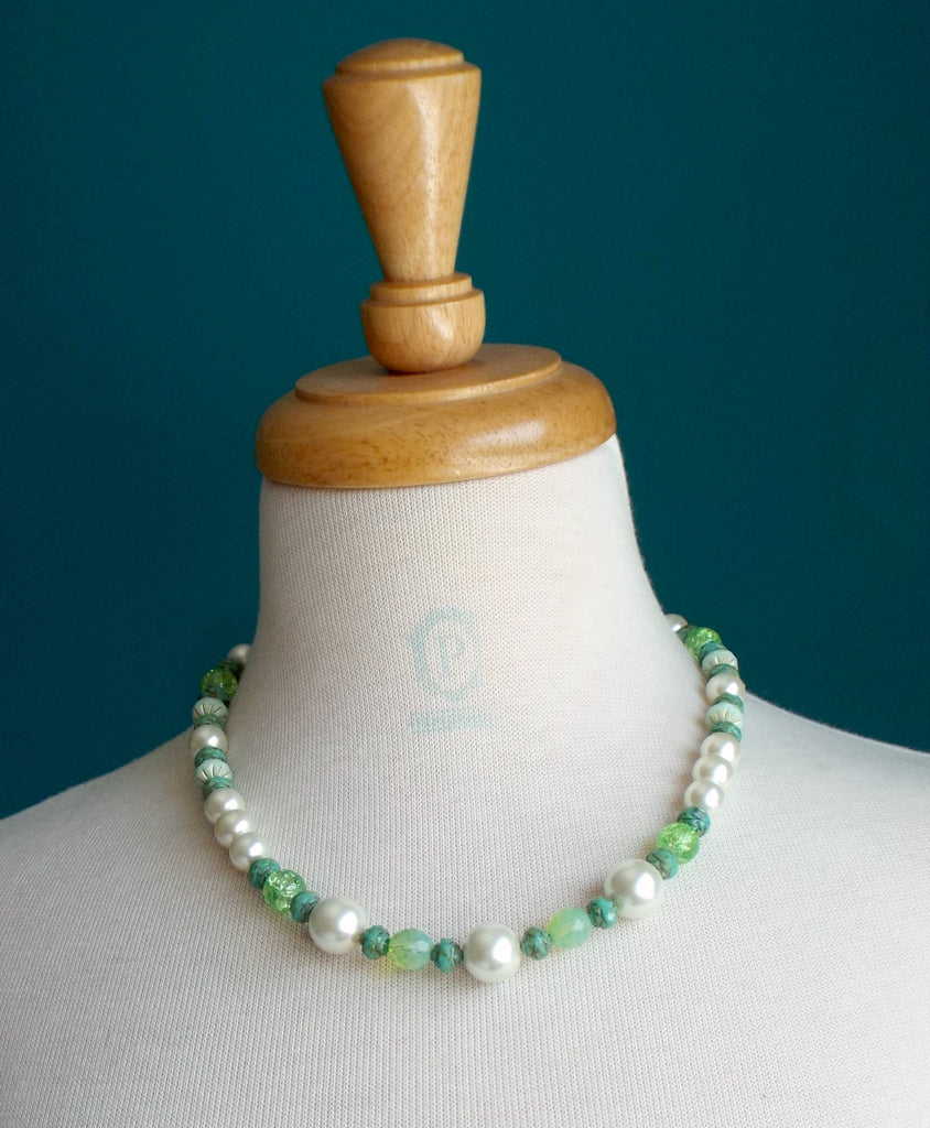 Necklace - ivory glass pearl and green bead mix, chunky sp chain, toggle clasp