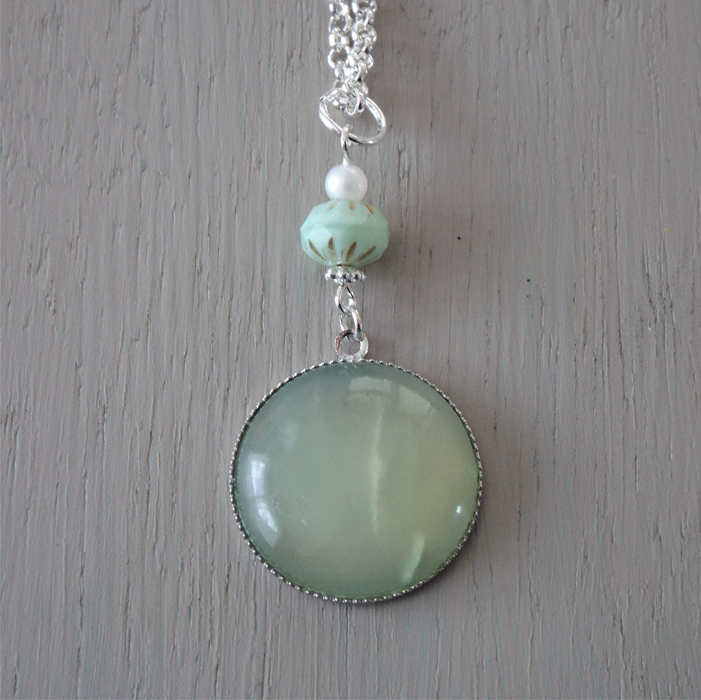Pendant - 25mm jade gemstone focal, mint gold-carved rondelle and mini ivory pearl