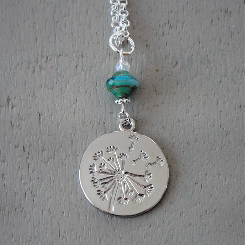 Pendant - 26mm silver plated 'dandelion wish' disc, sea green saucer, mini crystal