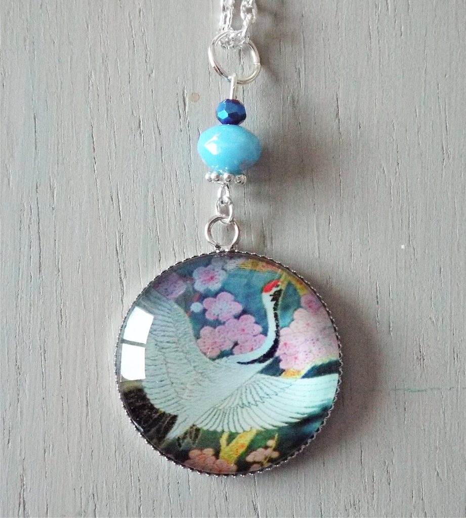 Pendant – 30mm white heron, Asian inspired colourful focal, blue accents