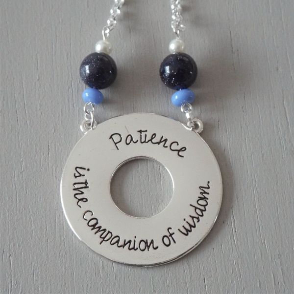 'Patience' quote disc with blue goldstone 10mm rounds & blue discs