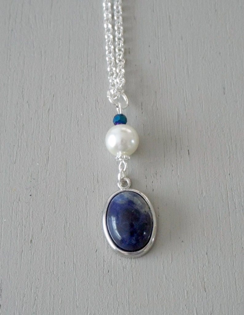 Pendant with 18x13mm blue sodalite focal, ivory pearl / sparkly midnight mini