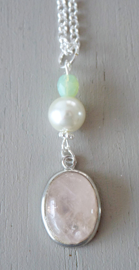 Rose quartz pendant, ivory & green beads