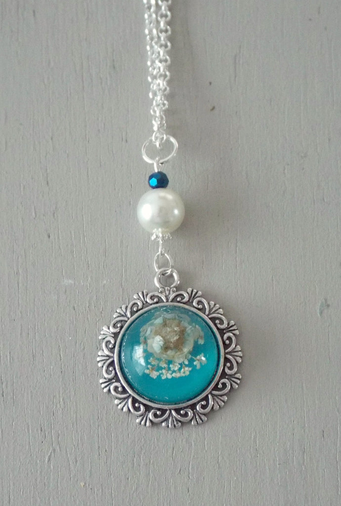 Pendant with 20mm aqua floral focal, ivory pearl / sparkly midnight mini