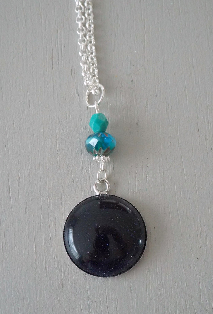 Pendant with 25mm blue goldstone focal, ocean cruller / turquoise mini