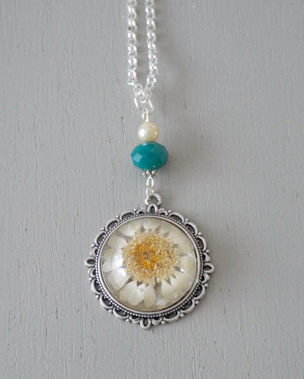 Pendant with 25mm white daisy focal, dark turquoise rondelle / mini pearl