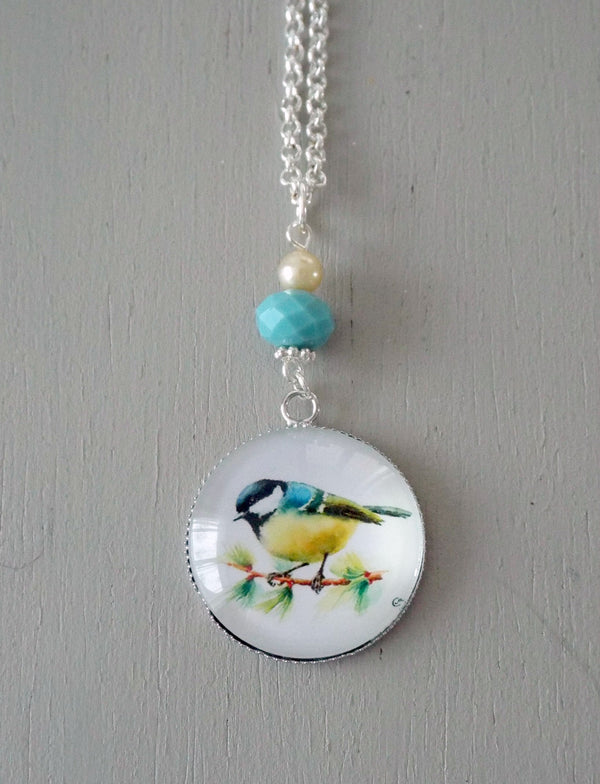 Pendant with 30mm blue tit focal, turquoise rondelle / vintage mini pearl