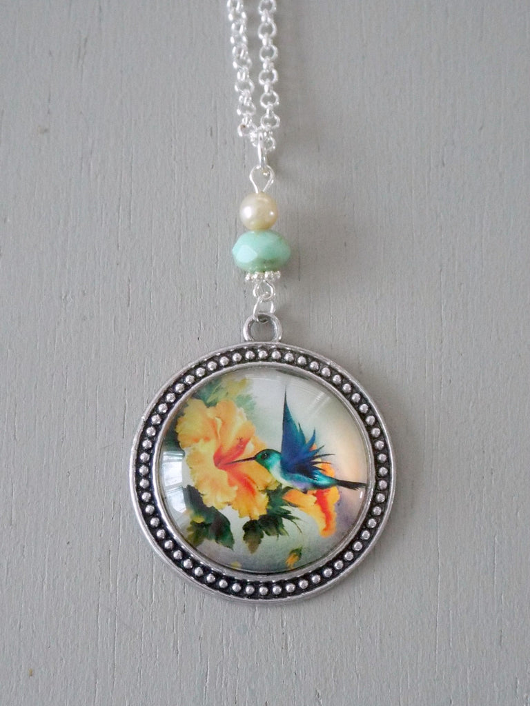 Pendant with 30mm blue & yellow hummingbird focal, mint rondelle / vintage mini pearl