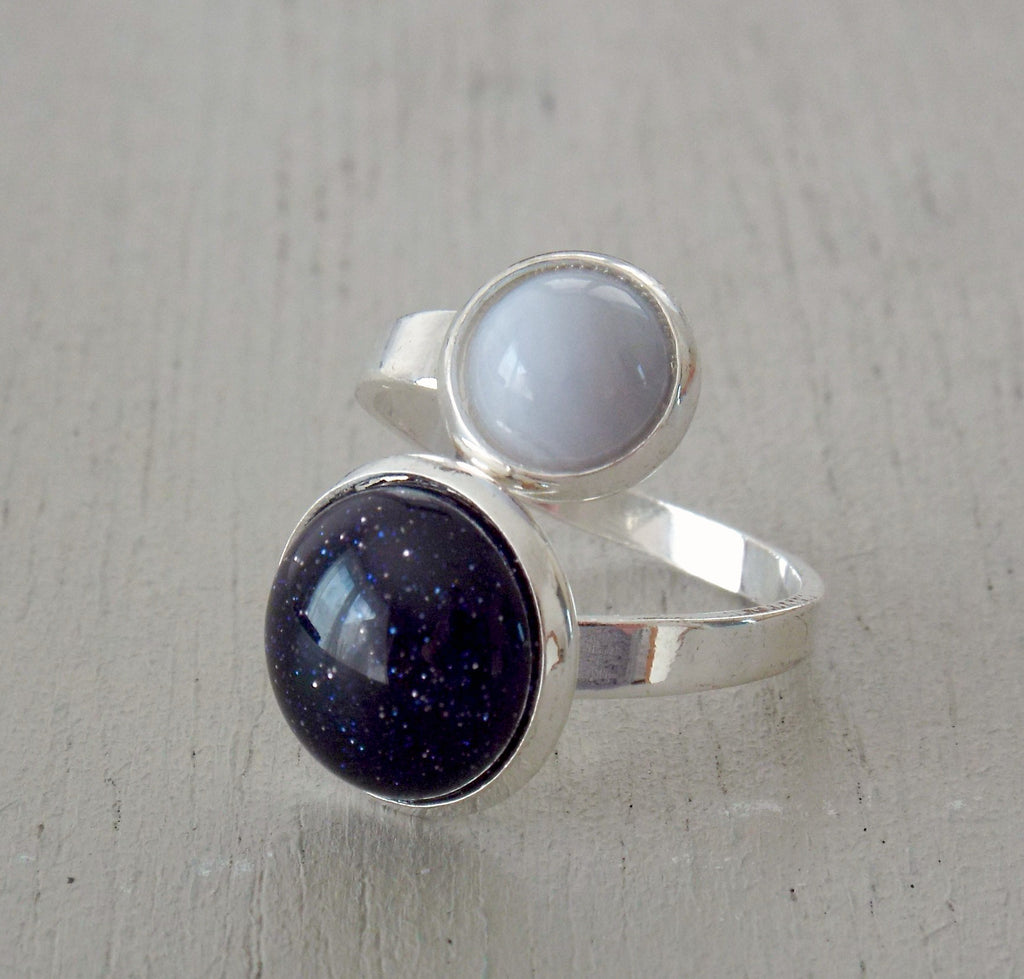 Front wrap style ring with 12mm blue goldstone & blue lace agate