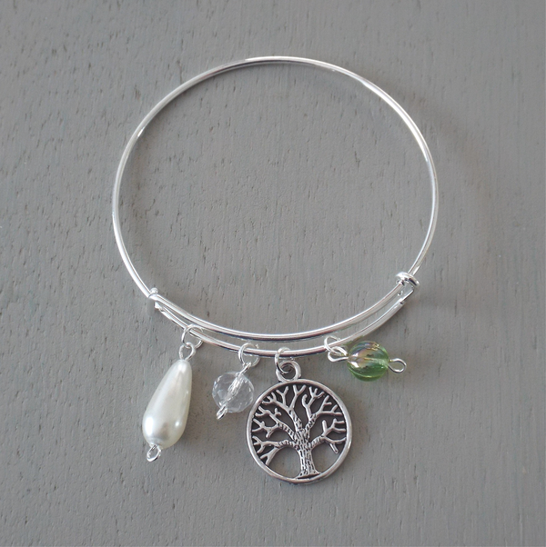 Adjustable silver plated bangle, tree of life charm, ivory pearl drop & green melon