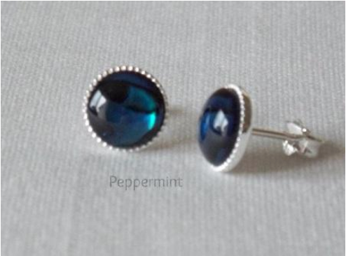 Earrings with 8mm blue paua shell cabochons, sterling silver studs